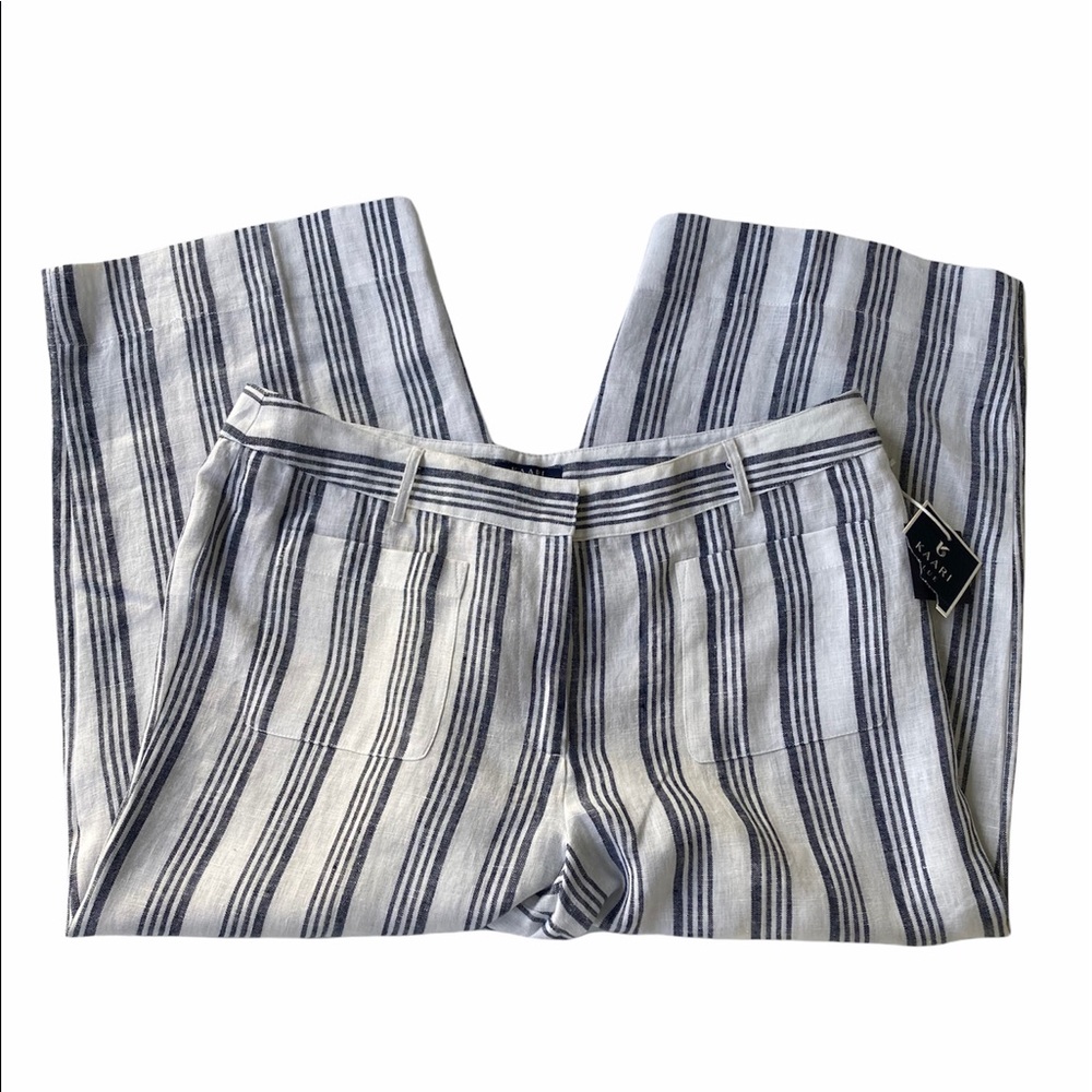 NWT Kaari Blue Cropped Linen Pants Cropped White Navy Stripe Wide Leg Pockets
